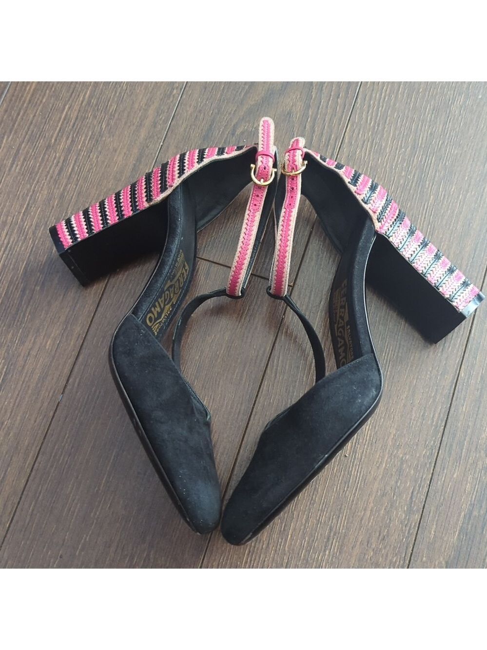 Salvatore Ferragamo Black/Pink Suede And Leather Fergie T-Strap Pumps - Picture 7 of 13